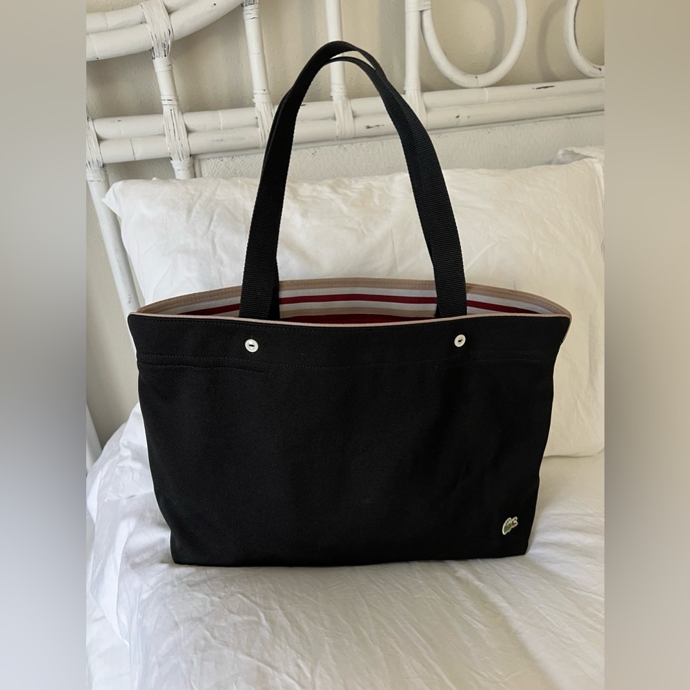 Lacoste Black Canvas Tote with Striped Interior